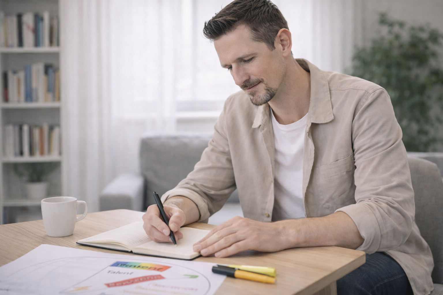 Marco Pavone schreibt reflektierend am Schreibtisch