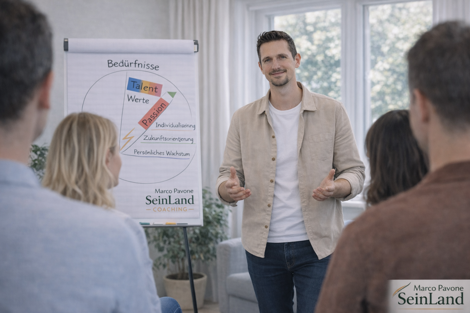 Marco Pavone an Flipchart mit Coaching-Gruppe