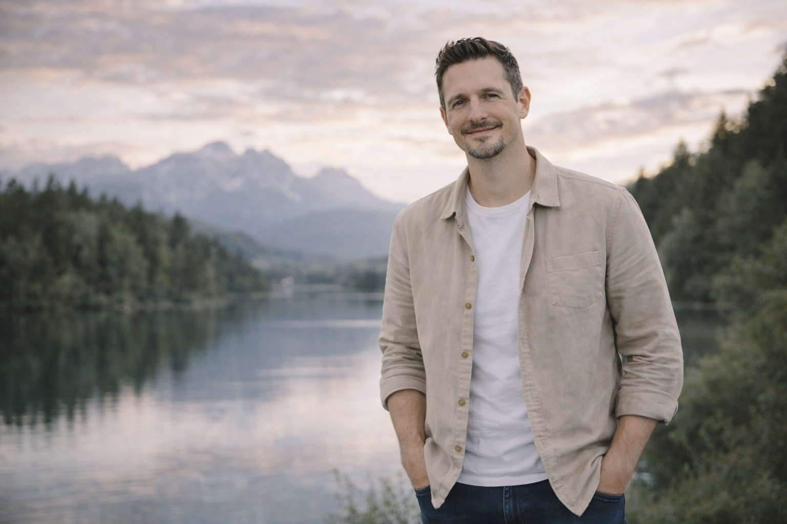 Marco Pavone am See mit Bergpanorama bei Sonnenuntergang